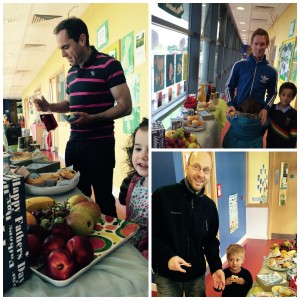 Some very happy Dad's with their children having breakfast in Giraffe Leopardstown