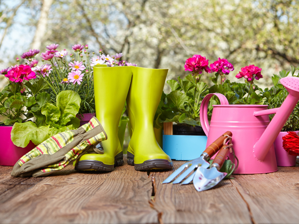 Wellies, watering can and flowers - gardening fun with children
